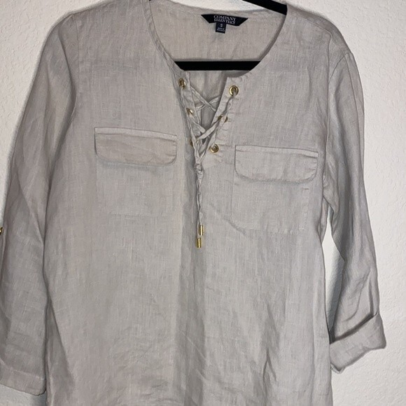 Ellen Tracy linen blouse shirt quarter sleeve oversize baggy tie lagen cottage - Picture 10 of 11